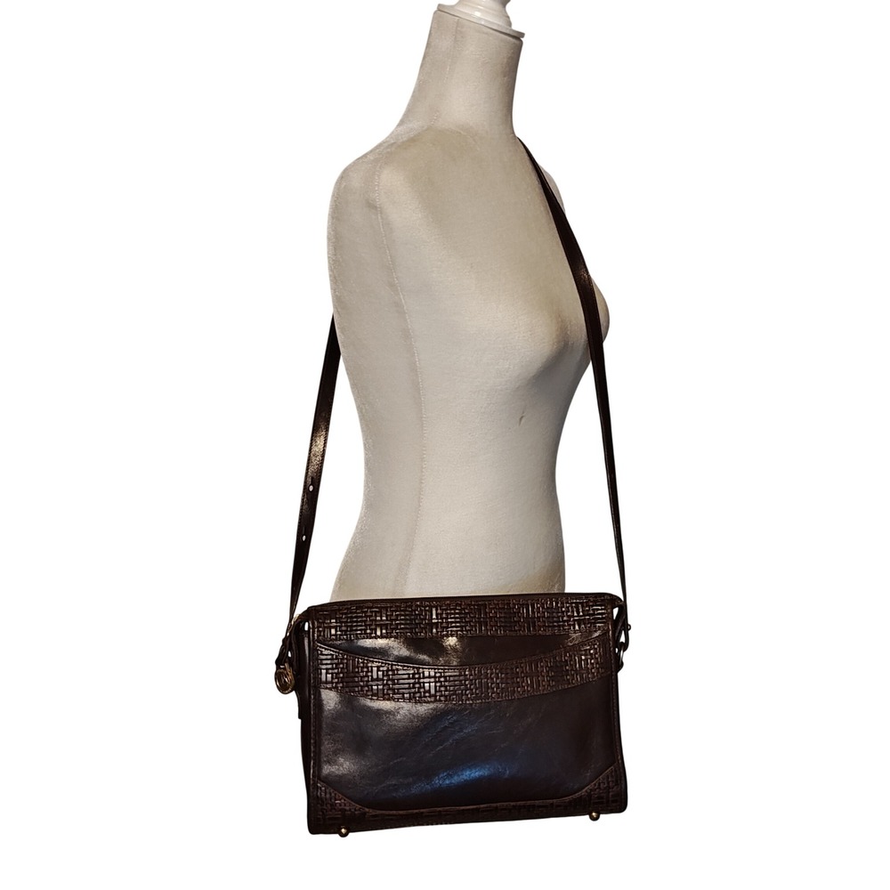 Brahmin Crossbody Bag Womens Medium Brown Leather Woven Trim Vintage USA